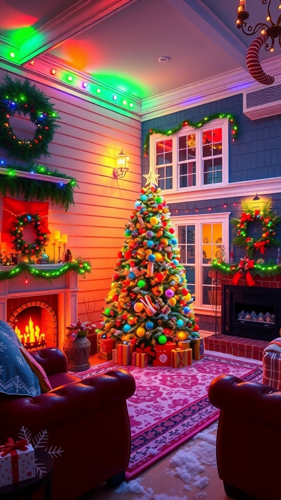 A Bloxburg house decorated for Christmas with lights, a tree, and snow.